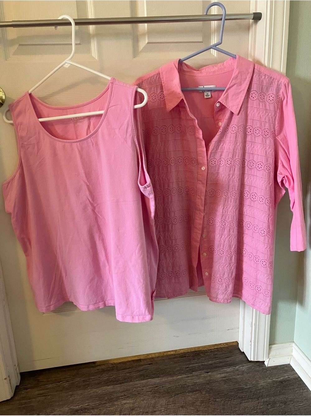 Denim&Co Pink Eyelet Button-Up Shirt with Matching Pink Tank